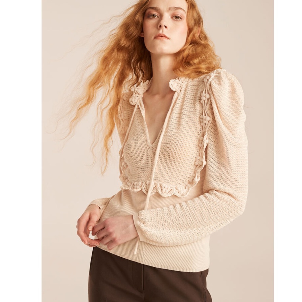 Rebecca Taylor Crochet Stitch Wool Blend Sweater Long Sleeves Nude Pink XL